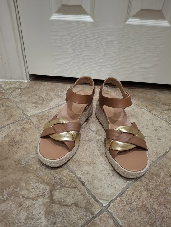 Vionic Tan and Gold Braided Espadrille Wedge Sandals - Picture 5 of 9